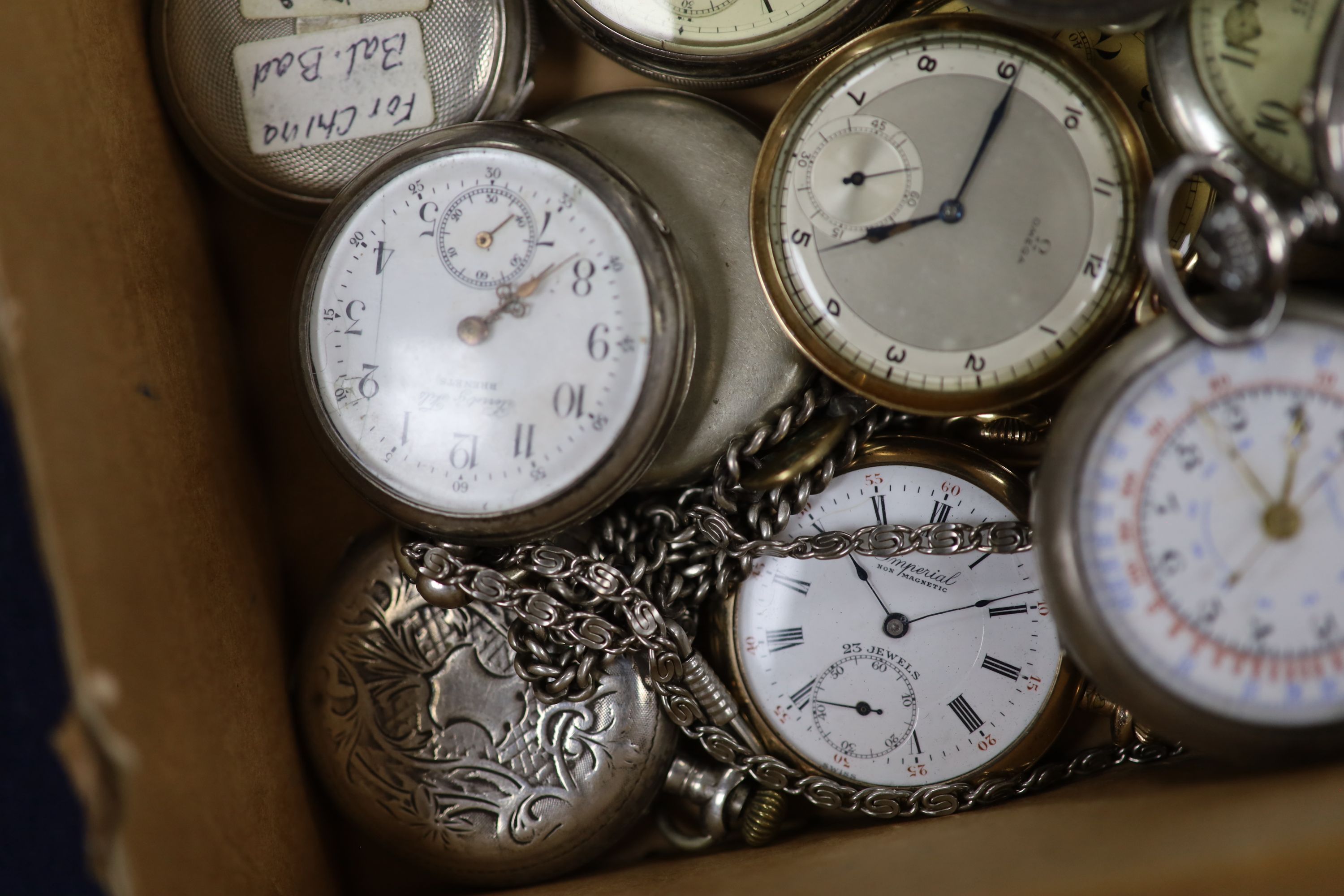 A small collection of assorted mainly based metal pocket watches including Cyma, Zenith and choreograph